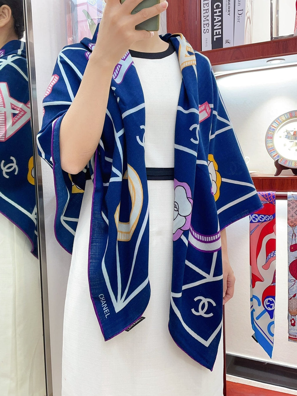 CC Square Scarf 140 CM In Dark Blue Colorful Cashmere Silk 418207