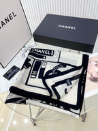 CC Square Scarf 140 CM In White Black Silk  422757