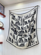 CC Square Scarf 140 CM In White Black Silk  422757