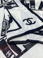 CC Square Scarf 140 CM In White Black Silk  422757