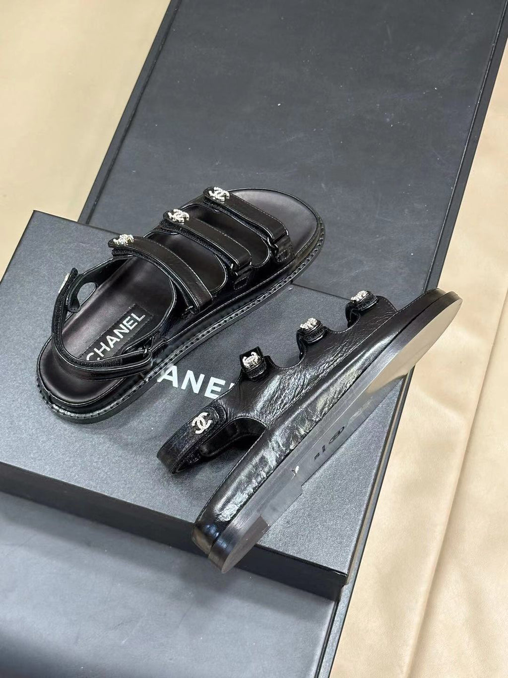 CC DAD SANDALS THREE STRAP BLACK LAMBSKIN