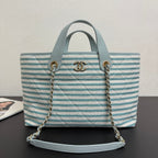 Chanel 26 Woven Beach Bag 46 White Light Blue Canvas Leather