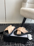 cross puffy slippers beige black lycra fabric