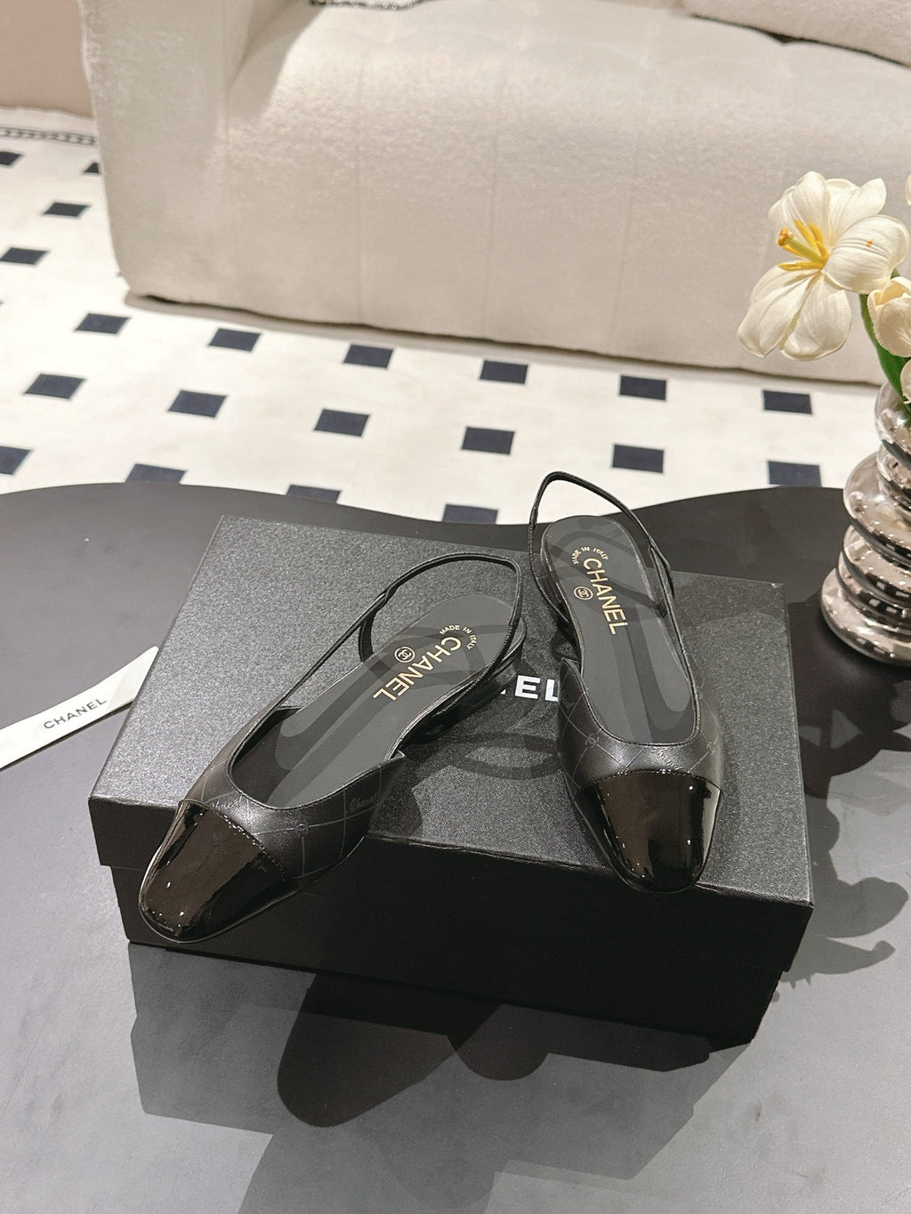 CC 25 Slingback Flats Black Embossed Leather 237492