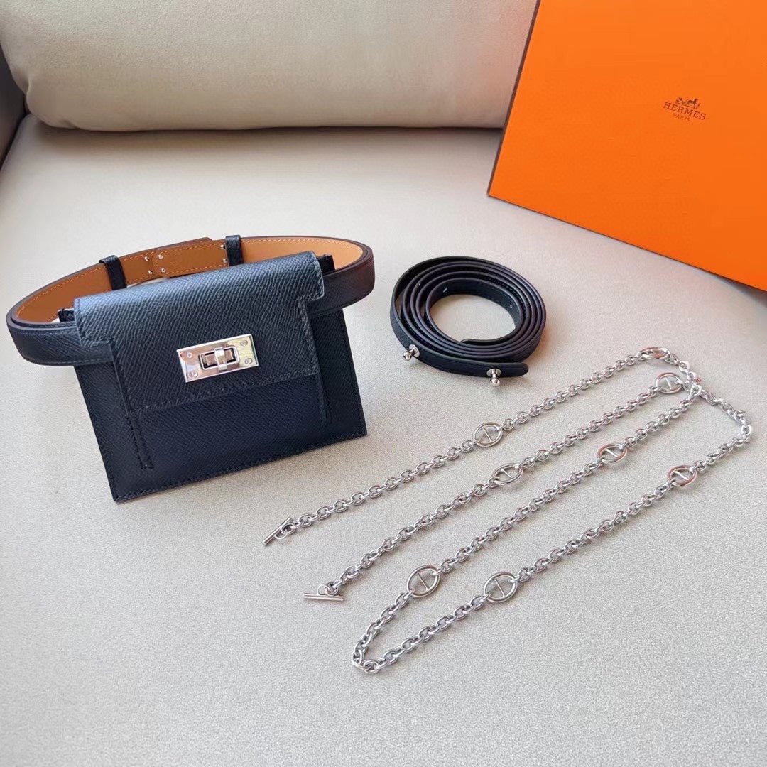 hm kelly belt 18mm with kelly pocket black epsom silver hardware