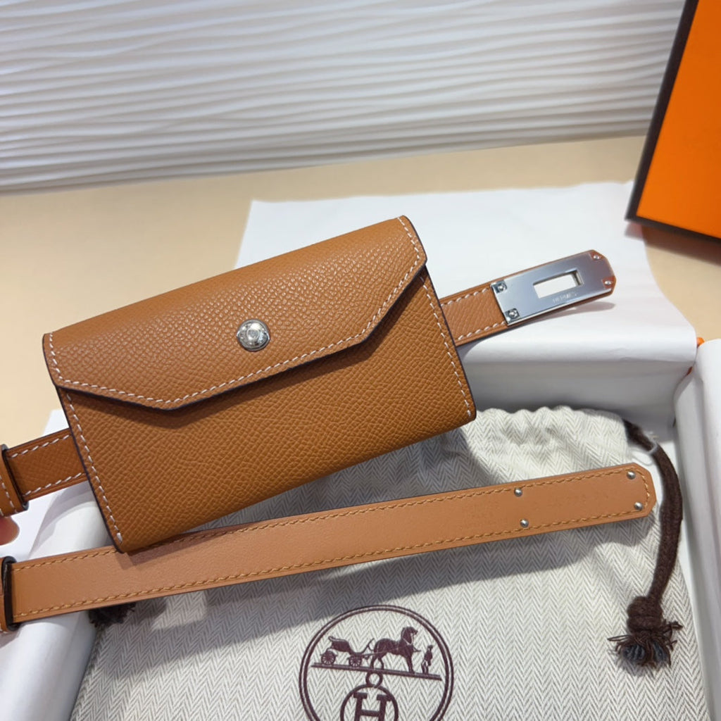 HM KELLY POCKET 18MM BELT CINNAMON BROWN LEATHER SILVER HARDWARE