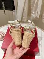 Valentino Garavani Taupe Wedge Rockstud Sandals 10mm In White Calfskin And Beige Raffia 829383