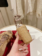 Garavani Rockstud Wedge Sandals 100mm In Beige Mix Rosy Brown Calfskin And Nylon Rope 829396