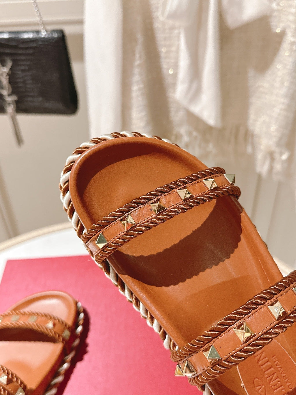VT Rockstud Sandals Brown Espadrilles Cowhide 328127