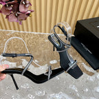 NUIT SANDALS 85 IN BLACK CREPE SATIN AND WHITE RHINESTONES