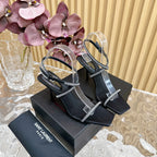 SL STRAP WHITE CRYSTAL HIGH SANDAL BLACK SATIN