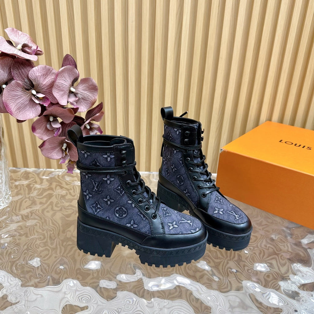 LV Laureate Platform Desert Boot 70mm Blue Black Monogram Jacquard Fabric