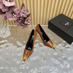 ORANGE GEM-STUDDED HIGH PUMPS IN BRONZE BROWN PATENT CALFSKIN