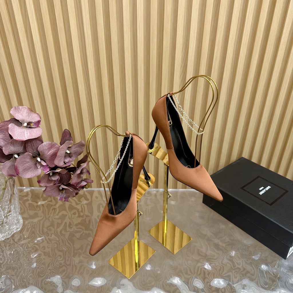 RÃ‰GINE PUMPS IN RUSTIC ORANGE SATIN GOLD CHAIN