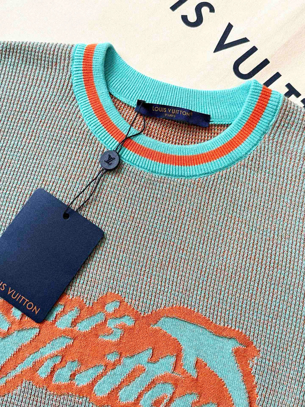 LV 25  Dolphin Jacquard Short Sleeve  Shirt Blue Sweater Knit