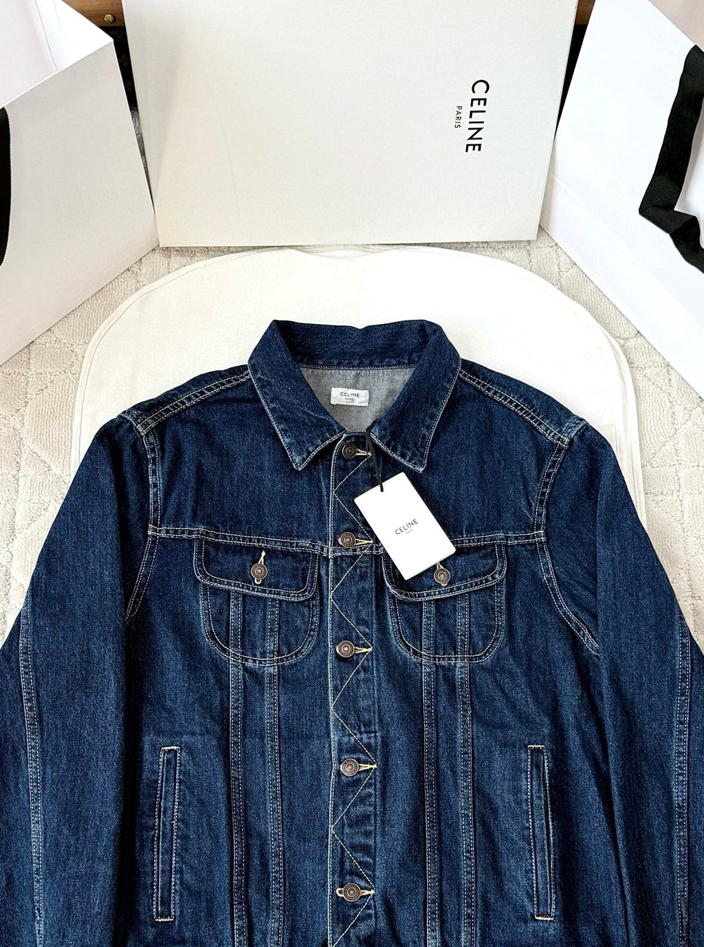 Celine 25 Denim Jacket Blue White Cotton