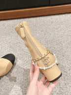 CC LOW CUT BOOTS IN SEPIA BEIGE STRETCH LAMBSKIN AND GROSGRAIN WITH PEARL CHAIN