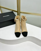 CC Ankle Boot 65 Beige Calfkin Black Grosgrain Leather Strap