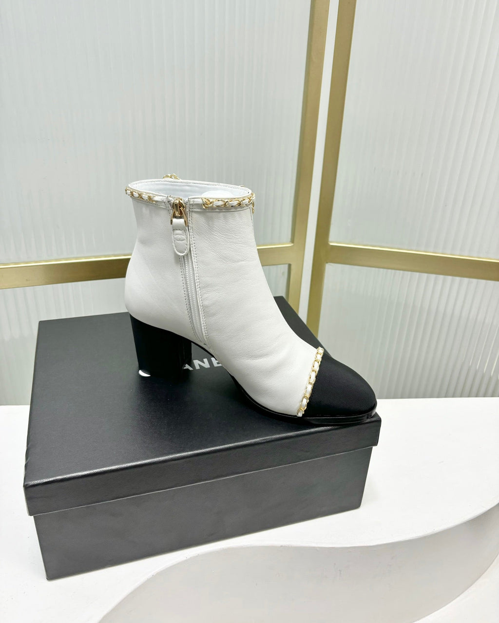CC Ankle Boot 65 White Calfkin Black Grosgrain Leather Strap