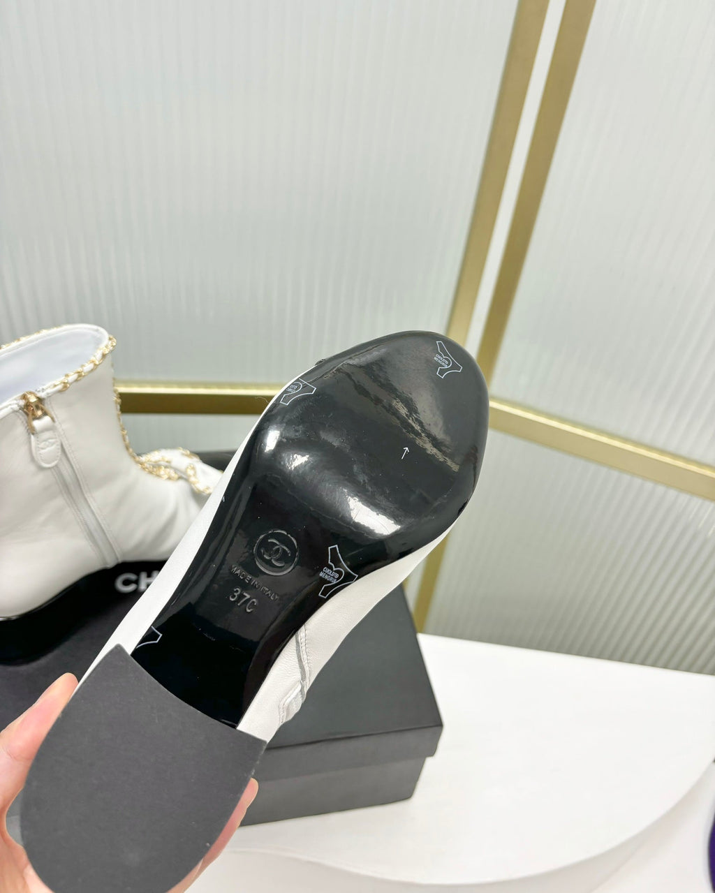 CC Ankle Boot 65 White Calfskin Black Patent Calfksin Leather Strap
