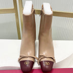 Valentino 2025 Bow Square Toe  Zipper Ankle Boot Beige Burgundy Cowhide 549734