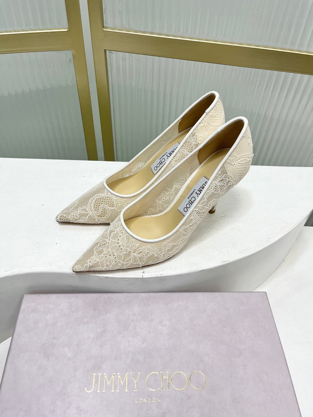 Jimmy 26s  Heel Pump 85 Ivory Beige Lace Sheepskin 605950