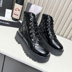 CC Combat Boots In Glossy Black Quilted Lambskin  944580