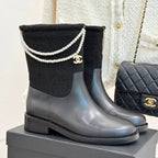 Chanel 25 Four-Leaf Clover Pearls Double C Boots Black Woven Sheepskin 465405