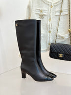 Chanel Double C Colorblock Heel Long Boot Black Sheepskin 465419