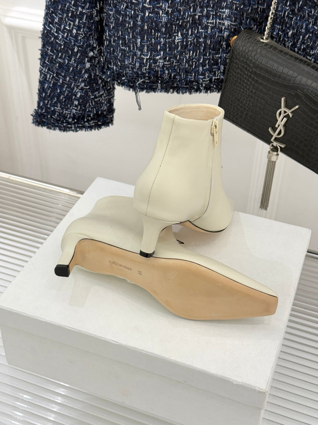 The Row 2025  Square Toe Kitten Heel Ankle Boot White Sheepskin 572053