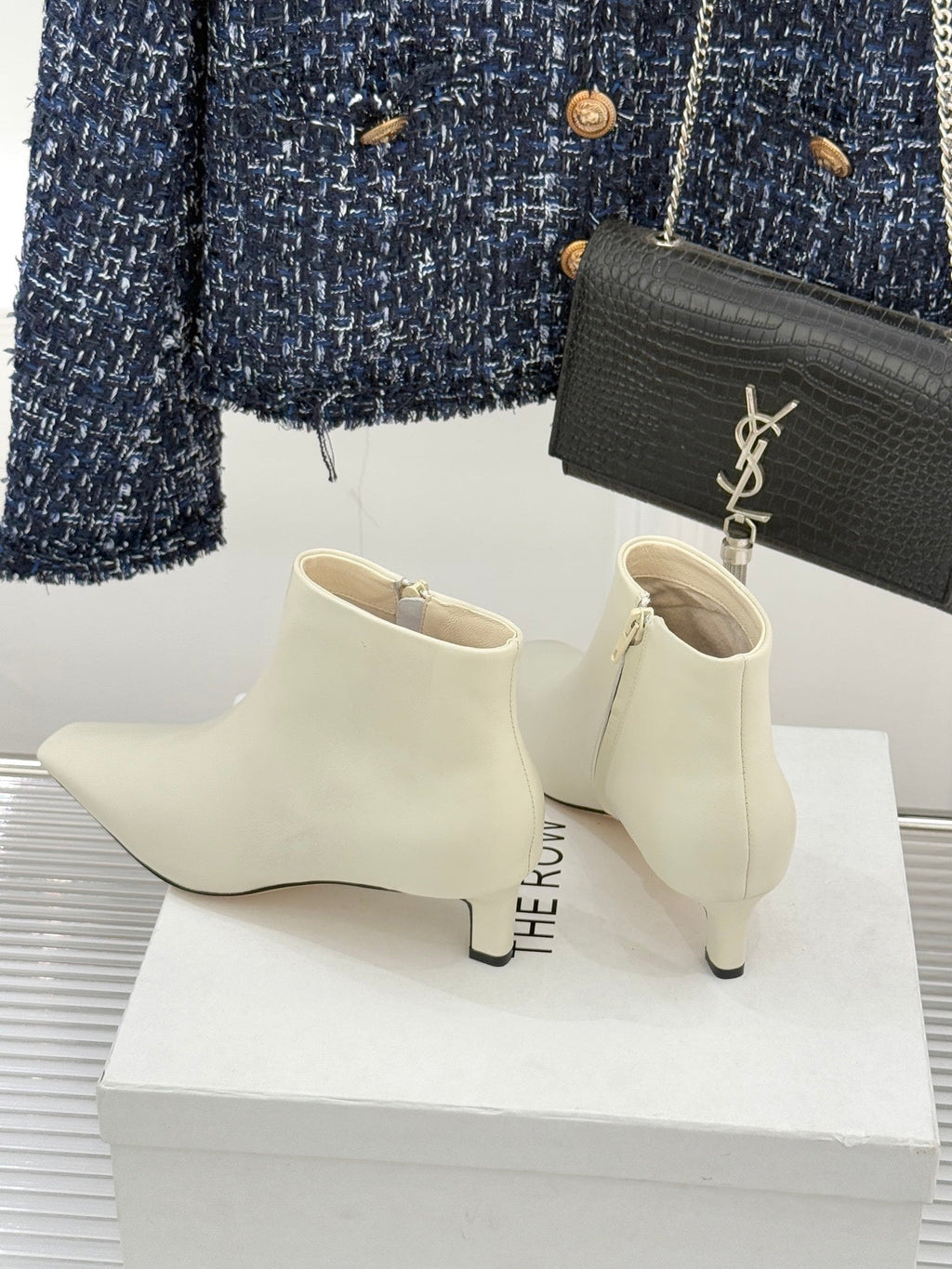 The Row 2025  Square Toe Kitten Heel Ankle Boot White Sheepskin 572053