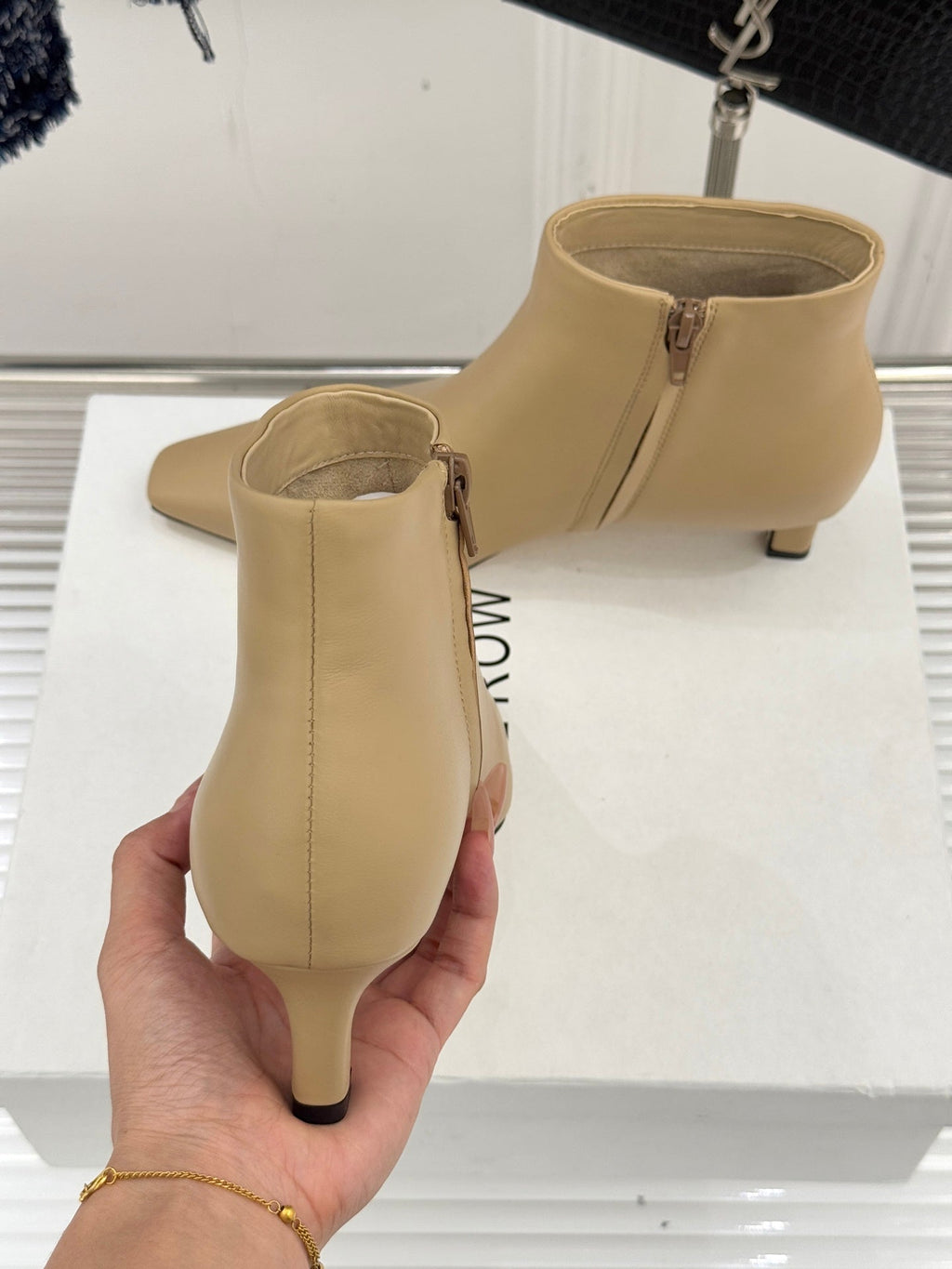 The Row 2025  Square Toe Kitten Heel Ankle Boot Beige Sheepskin 572047