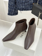 The Row 2025  Square Toe Kitten Heel Ankle Boot Dark Brown Sheepskin 572048