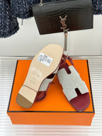 HM 26ss Flat Sandals Burgundy Beige Canvas Sheepskin 642789