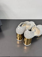 BLOCK HEEL SANDALS WHITE POLKA DOT SHEEPSKIN