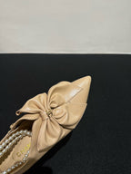 CC Pointed Toe High Heels Beige Bow Tie Cowhide