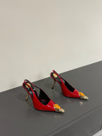 ORANGE GEM-STUDDED SLINGBACK PUMPS IN RED PATENT CALFSKIN