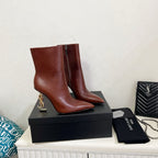 YSL 2025 Logo Metal Heel Ankle Boot Brown Cowhide 575004