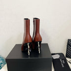 YSL 2025 Logo Metal Heel Ankle Boot Brown Cowhide 575004