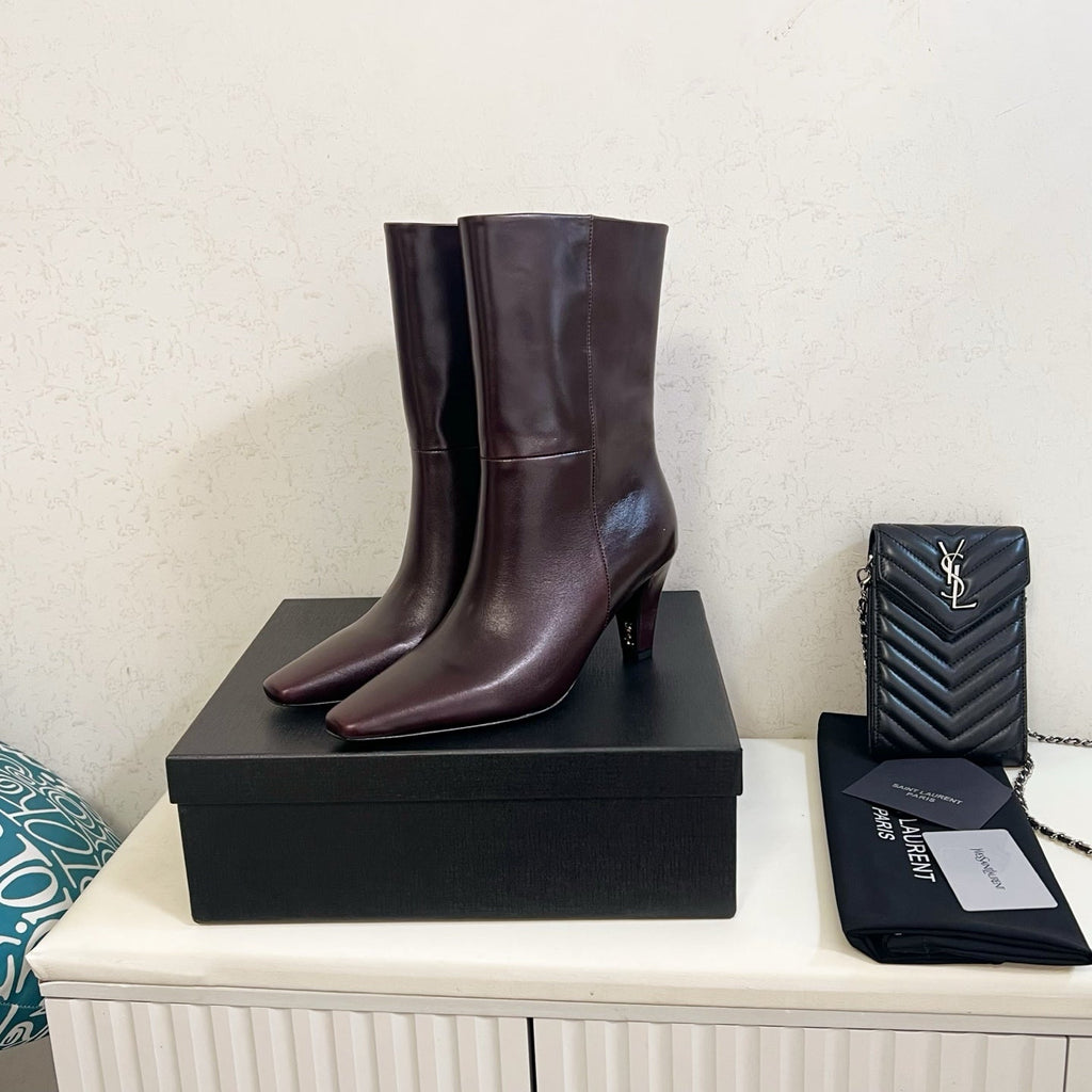 YSL 2025 Short Boot Dark Burgundy Calfskin 575013