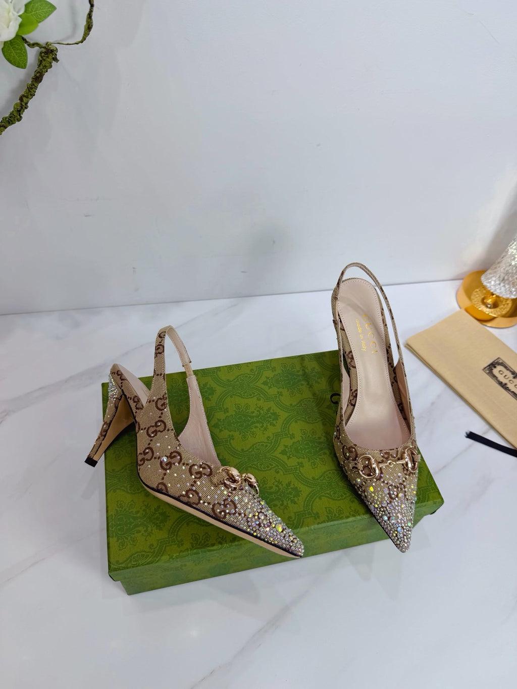 GG 26 Slingback Rhinestones Beige Brown Fabric 592425