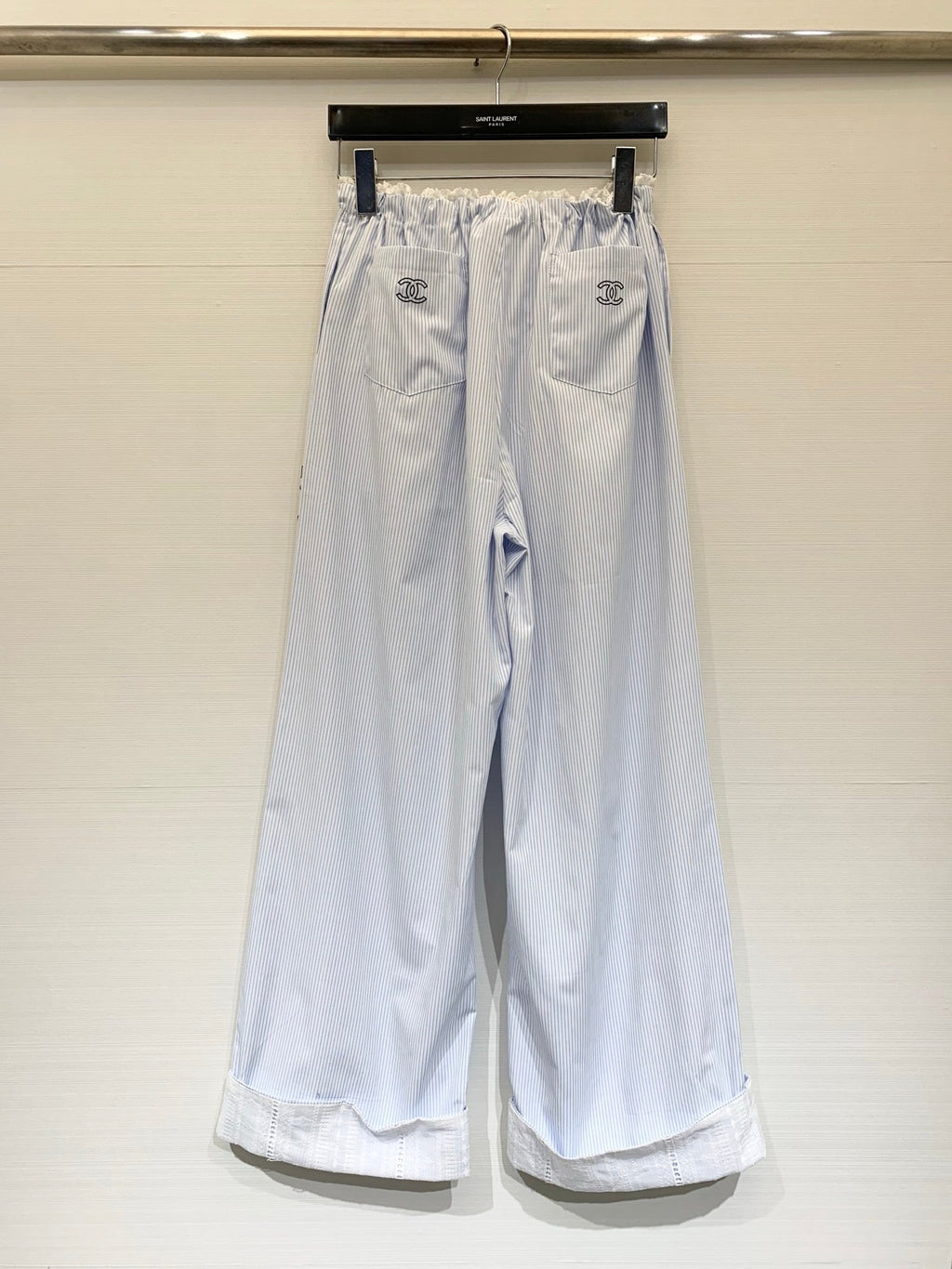 Chanel 2026 Striped Lace-trimmed Trouser Light Blue Cotton
