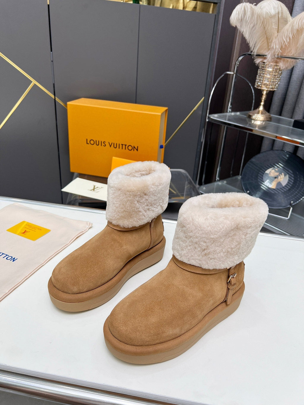 LV Aspen Platform Ankle Boot Brown White Suede