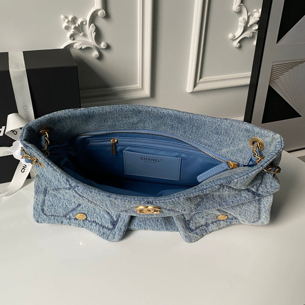 CC 2025 Classic Flap Bag Blue Denim Fabric Gold Hardware 296416