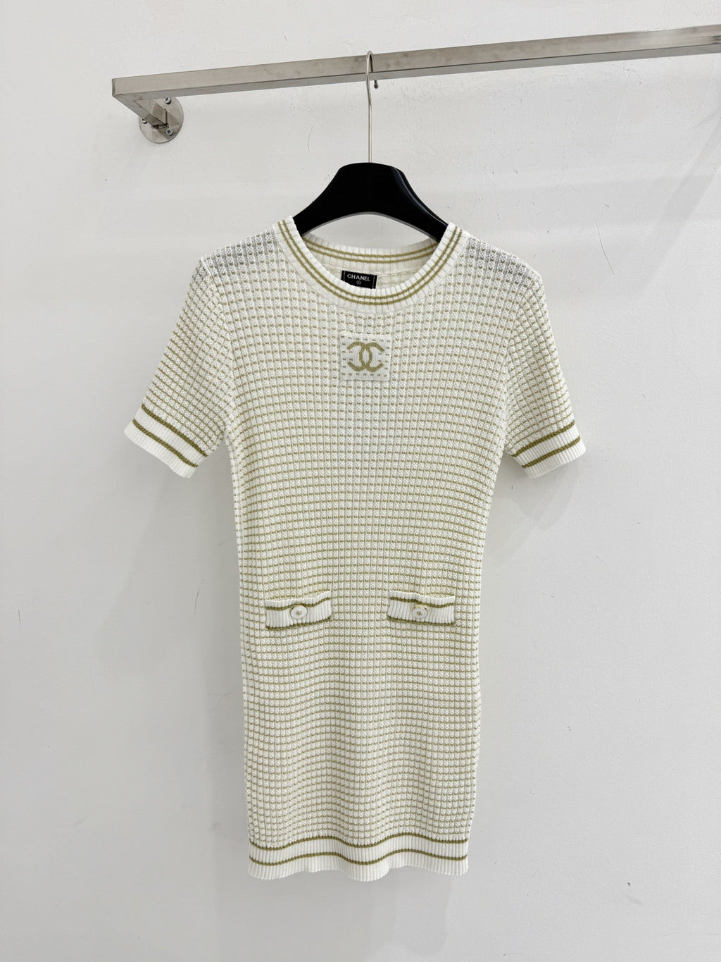 Chanel 2026 Knitted Short-Sleeve Dress Off-white and Black Tencel Nylon
