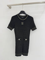 Chanel 2026 Knitted Short-Sleeve Dress Off-white and Black Tencel Nylon