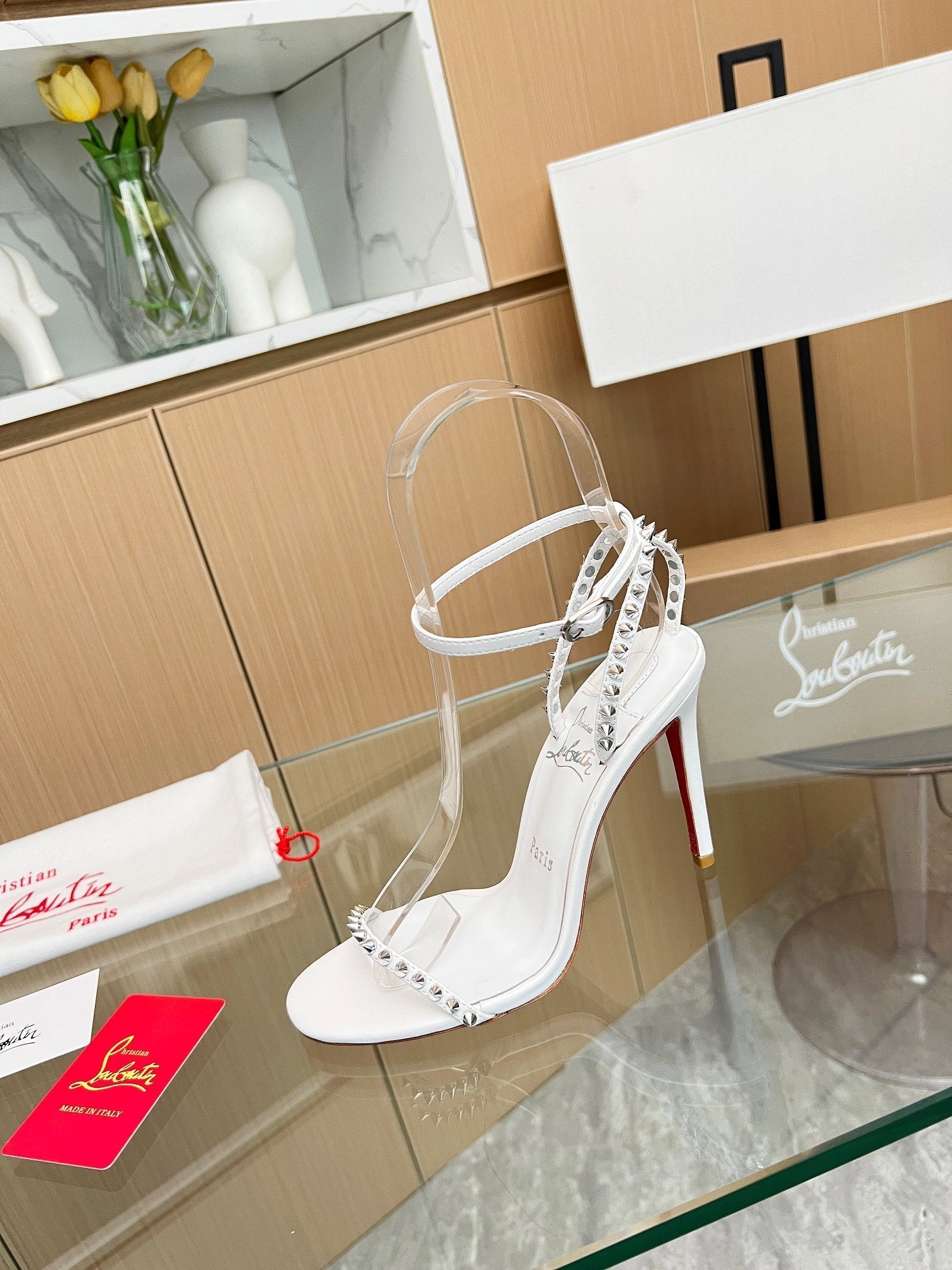 CL So Me 105 mm Strappy Sandal White Imported Rivets with Sheepskin 251018