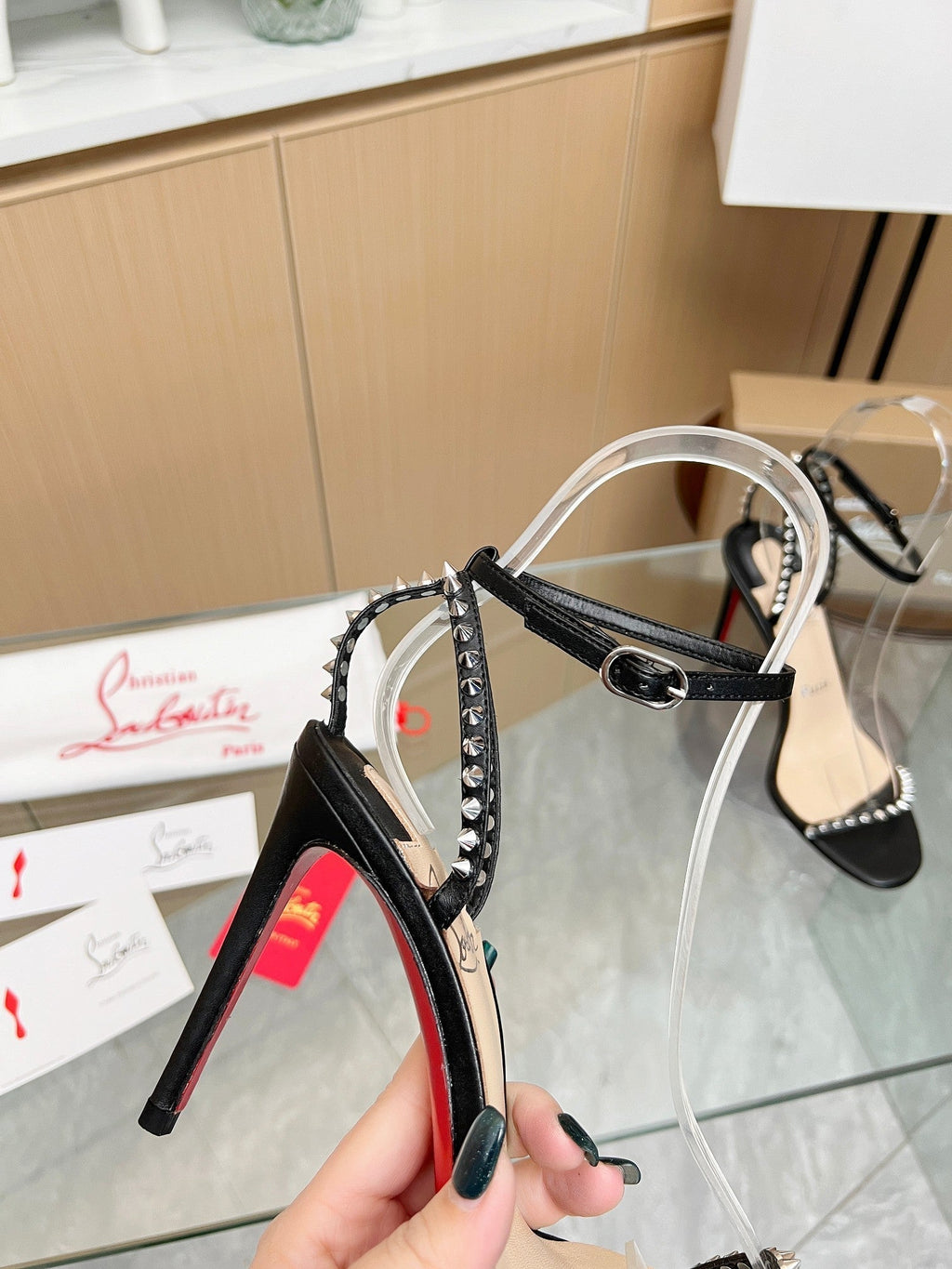 CL So Me 105 mm Strappy Sandals Black  Imported Rivets with Sheepskin 251021