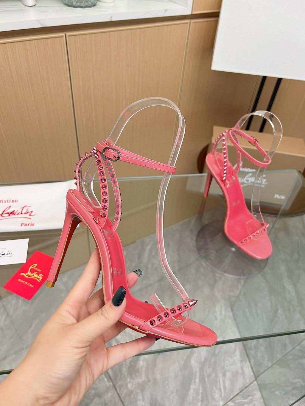 CL So Me 105 mm Strappy Sandal Pink Imported Rivets with Sheepskin 251022