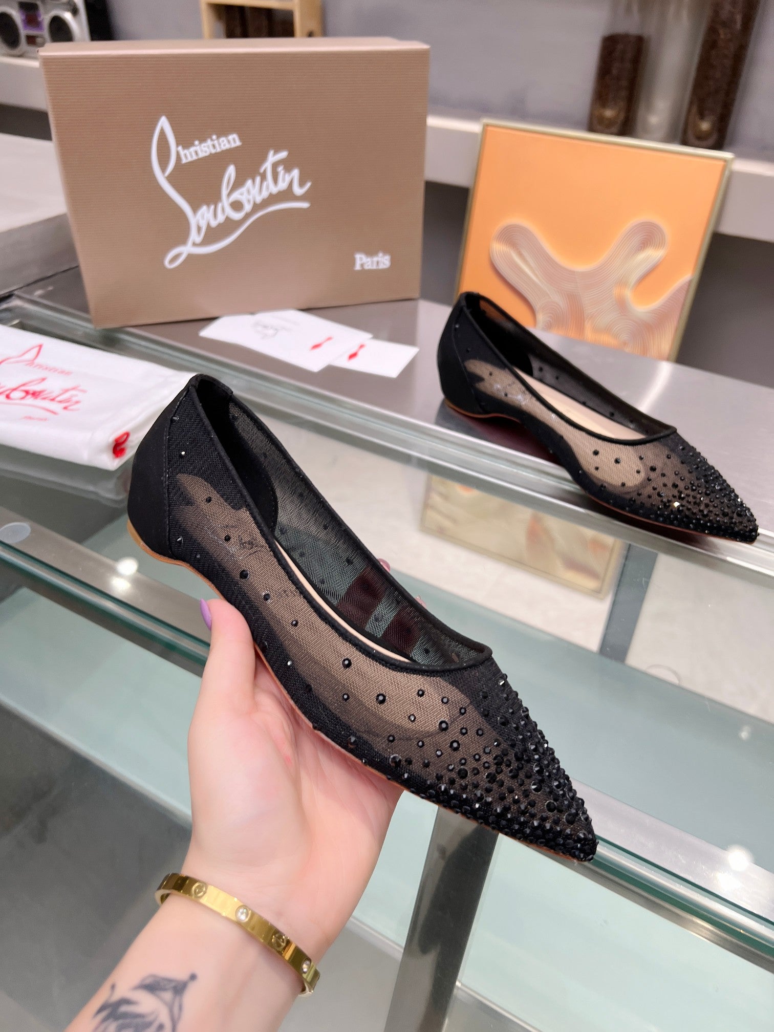 CL Follies Strass Flats Mesh Black
